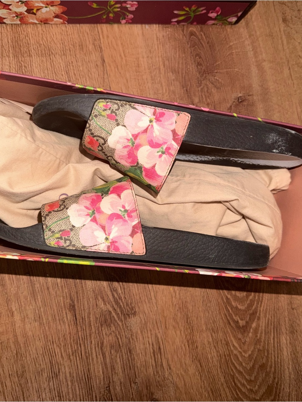 Gucci Pink Floral Leather Slide Sandals